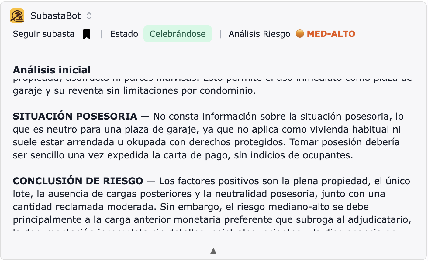 An&aacute;lisis de subasta